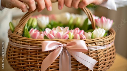 Vibrant Flower Basket Arrangement with Tulips for Spring Celebrations, Perfect Gift to Bring Joy and Happiness to Any Special Occasion, Free Flower Basket Day