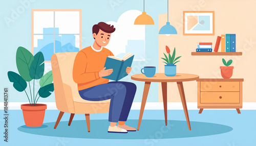 A man relaxing in a cozy living room, sitting in an armchair and reading a book with a cup and plant on a nearby table.