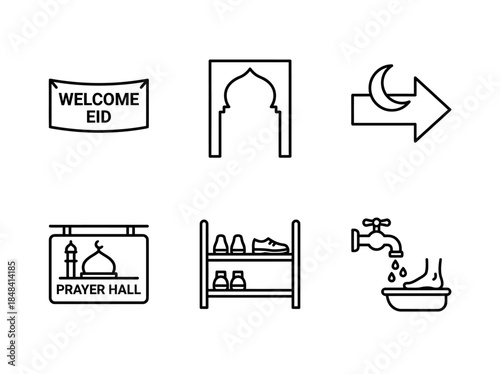 Vector icons Set of Mosque Icons for Eid Prayer Area. Vector Illustration. EPS Editable
