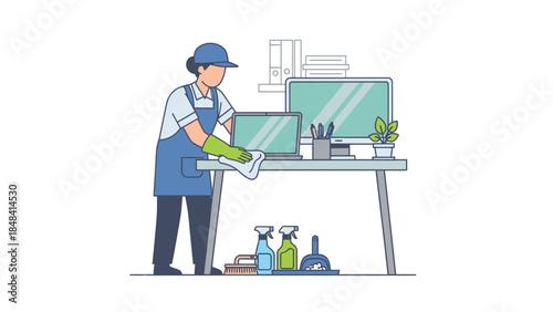 janitor cleaning with green duster.