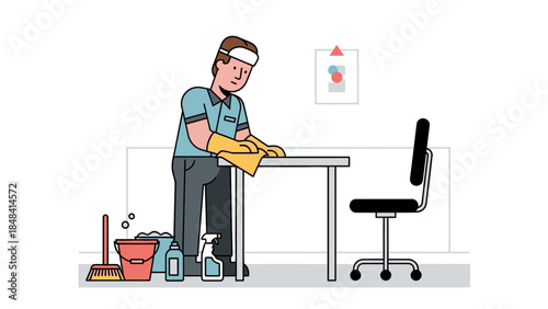 Man cleaning a desk with cloth.