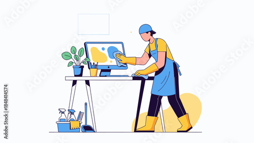 janitor working on computer desk.