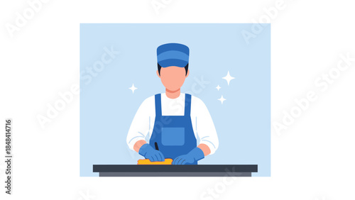 Man in blue uniform preparing food.