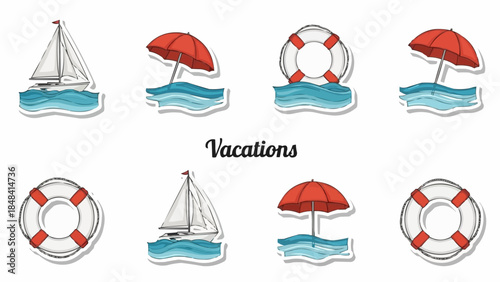 Vacation Icons Featuring Sailboat Umbrella and Lifebuoy on Water.
