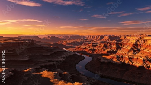 Spectacular golden hour over a vast canyon with a serene river, revealing nature's sculpted artistry