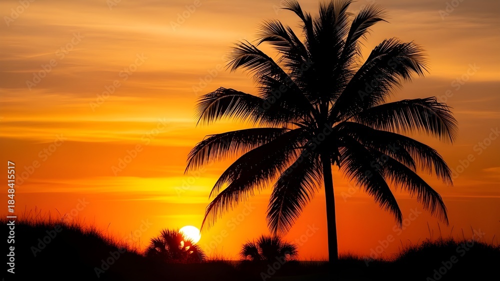 Obraz premium Palm tree silhouette against a magnificent tropical sunset, casting a serene glow