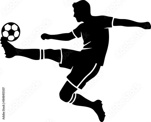 Soccer Player Kicking Ball Negative Space Silhouette. Football Athlete Vector Logo with Detail Cuts