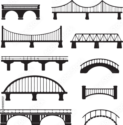 A vector illustration of a bridge silhouette frame designed as a 35mm filmstrip border over river water for cinema and photography art