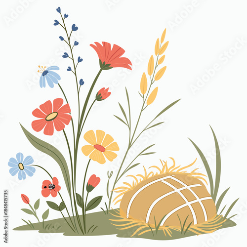 Colorful wildflowers and hay bale on green ground colorful flowers