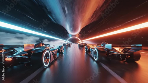 Futuristic Formula Race Cars Speeding Through a Neon Tunnel with Motion Blur and Light Trails, High-Speed Sci-Fi Racing Scene