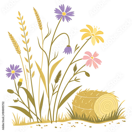 Rustic country flowers and hay bale wildflowers