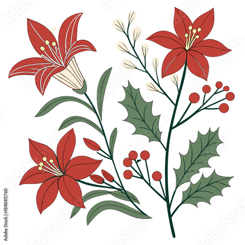 Red flowers and holly on white background festive holiday