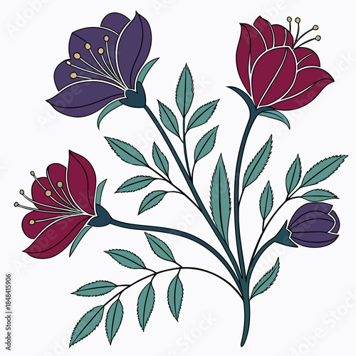 Jewel toned flowers with green stems and leaves purple