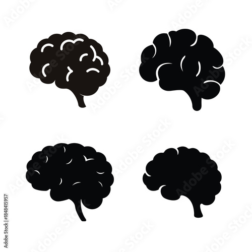 Human brain icon set in simple black silhouette design on white background