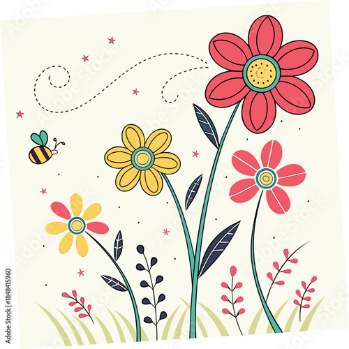 Colorful flowers and bee on cream background cartoon