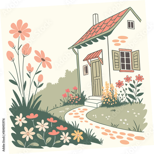 Quaint village garden house with flowers pathway