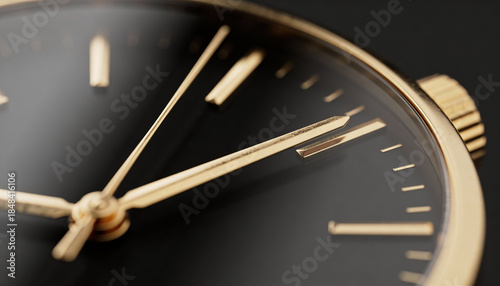 Premium detailed shot of stylish analog clock approaching midnight, soft gold highlights and dark matte background, shallow focus, elegant, lots of black negative space, no readable numbers, no text