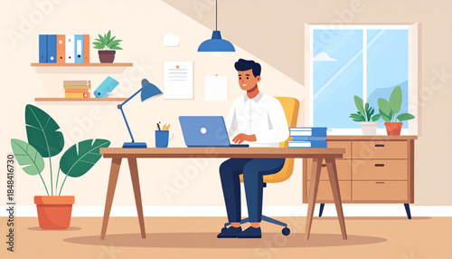 A man working on a laptop at a wooden desk in a bright home office with plants and shelves.