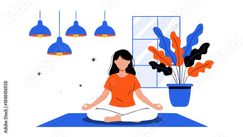 Woman Meditating in Serene Room with Plants and Lamps