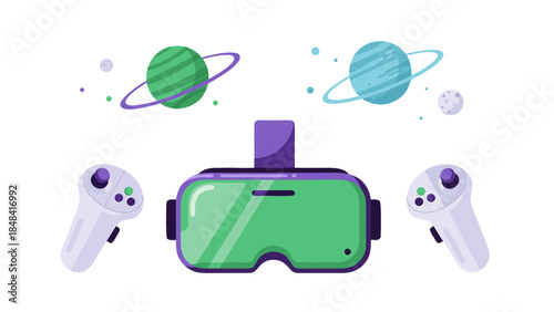 VR Headset and Controllers with Planets Illustration