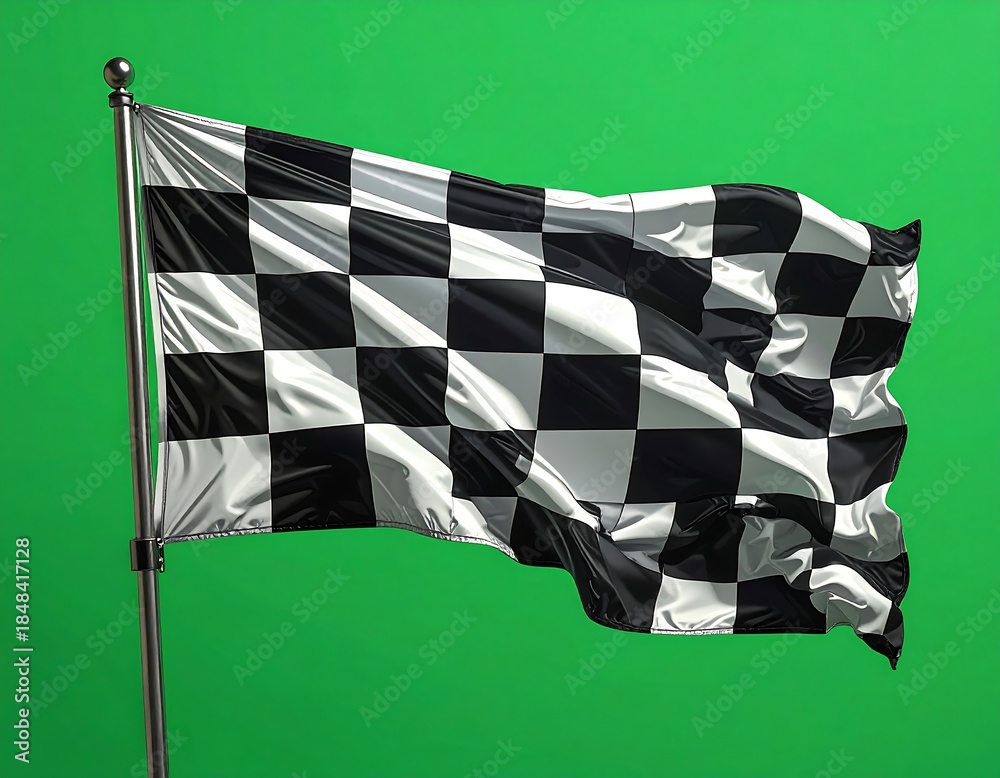 Fototapeta premium Black and white checkered flag waves on a metal pole against green