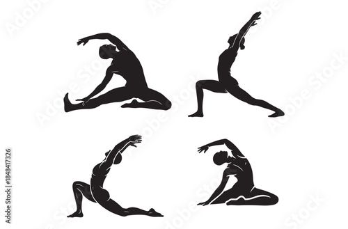 Stretching Exercise Silhouette Icon Sheet – Warm Up, Fitness and Flexibility Workout Black Vector Set