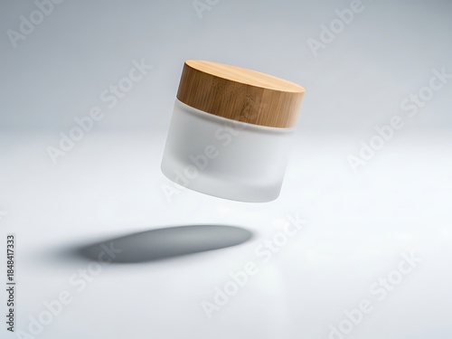 Frosted glass jar with bamboo lid, minimalist aesthetic for skincare or cosmetic product packaging, floating in studio light