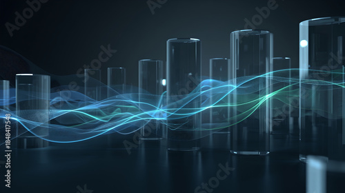 Abstract Technology Background with Glass Pillars and Flowing Data Waves.