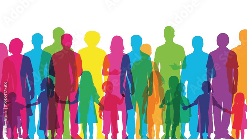 Diverse group of colorful human silhouettes representing community and generations