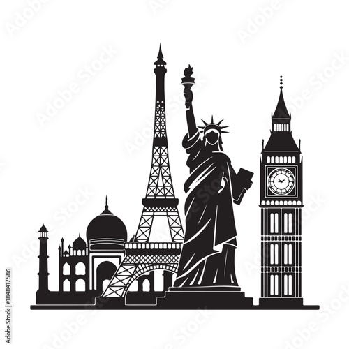 orld Famous Landmarks Silhouette Icon Sheet – Eiffel Tower and Top Global Tourist Attractions Black