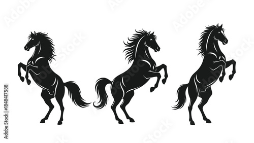 Set of three rearing black horse silhouettes in dynamic poses
