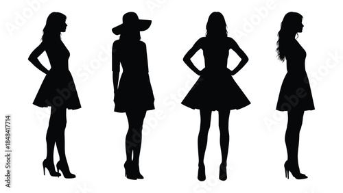 Collection of four female fashion silhouettes in different dress styles