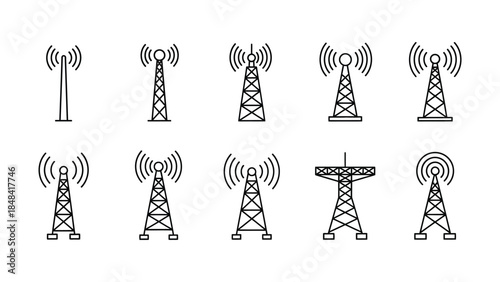 Collection of black line icons of wireless communication and radio transmission towers