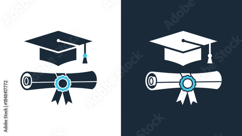 Graduation cap and diploma icons in light and dark styles