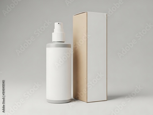 Cosmetic product packaging with a blank bottle and its cardboard box, showcasing minimalist design and clean aesthetics