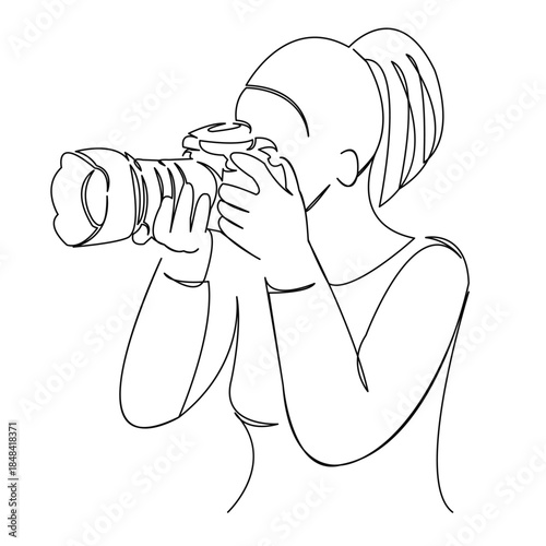 One continuous single drawing line art flat doodle female, girl, happy, photocamera, take, portrait, camera, photo. Isolated image hand draw contour on a white background
