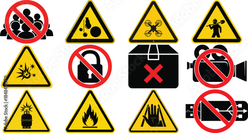 Hazard & Prohibition Sign Grid – Safety Symbols for Chemical, Mechanical, Electromagnetic, and Behavioral Risk Control