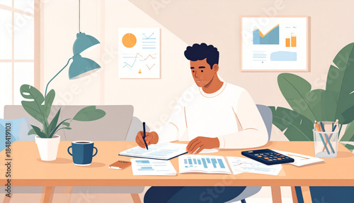 A man working diligently at his desk in a modern home office, surrounded by documents and plants.