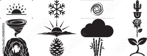 Set of black vector silhouette illustrations featuring ancient Egyptian symbols and nature elements like a sun and leaf pattern for art design