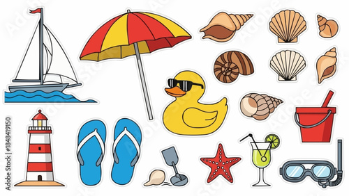 Collection of Beach and Summer Vacation Objects and Symbols.