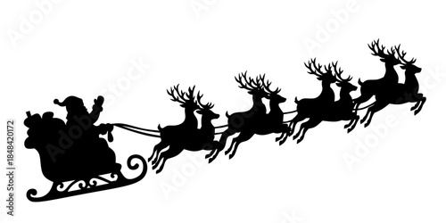 Santa Claus ride sleigh with flying reindeer. Santa Sleigh Silhouette isolated on white background. 