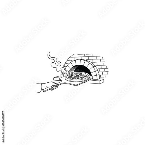 Fresh Pizza Coming Out of Wood-Fired Brick Oven - Italian Pizzeria Line Drawing