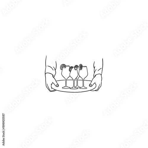 Waiter Carrying Tray of Spritz Cocktails with Orange Slices - Party Service Illustration