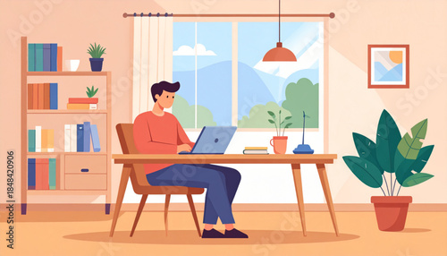 A man working on a laptop at a wooden desk in a bright, cozy home office with a window view and bookshelf.