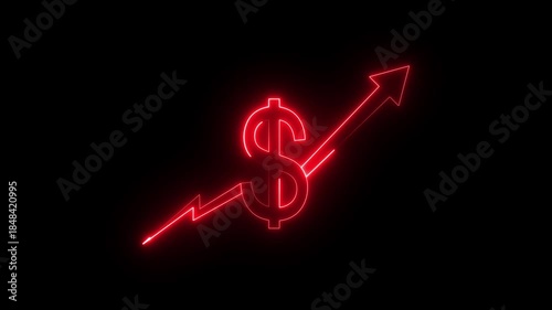 Neon Glowing Dollar Symbol with Upward Arrow Icon Animation on Black Background, Looping Financial Growth and Profit Increase Symbol for Investment, Revenue, Market Trend, Business Finance UI