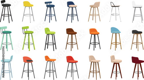 Set of modern bar stools and high chairs in various colors and designs featuring metal and wooden legs isolated on white background flat vector illustration for interior design
