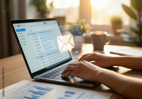 Person deeply engrossed typing on a laptop, focused on sending an email at work, suitable for business or technology concepts.