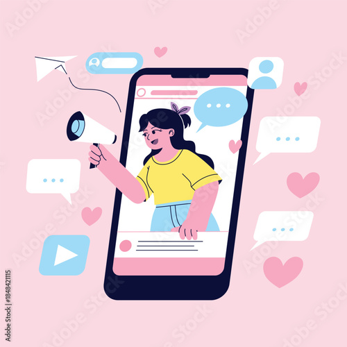 Flat Modern Influencer Presenting Phone Campaign Illustration