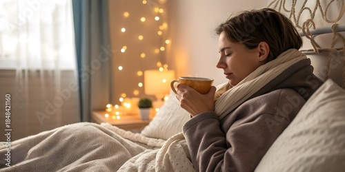 Drinking Herbal Tea While Recovering in Bed. Person sipping warm herbal tea while resting in bed—cozy home light, illness recovery and self-care advertising concept.