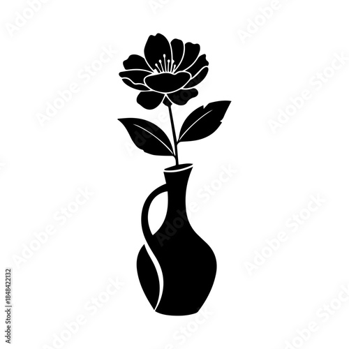 A single flower in a black vase on a white background from a straightforward viewpoint